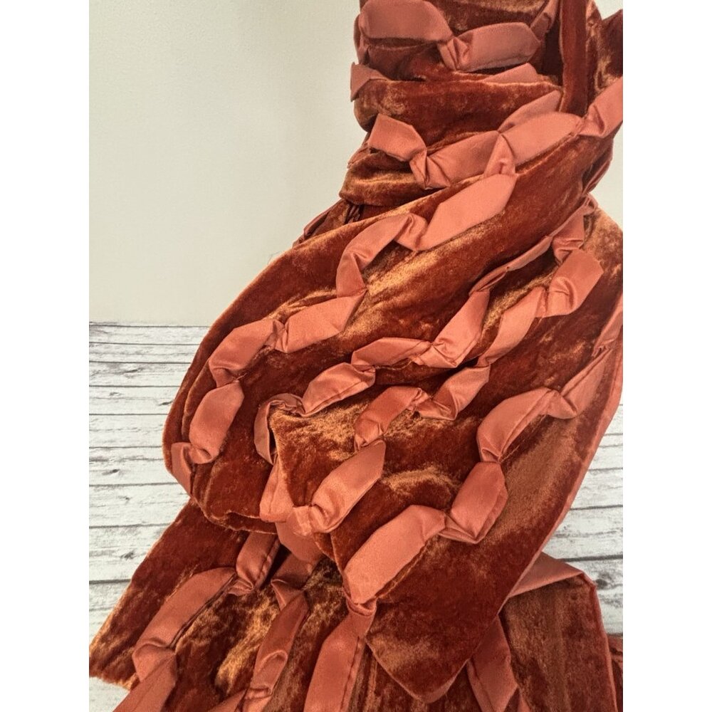 Vintage Y2k Burnt Orange Velvet Scarf Neck Fringe Boho Hippie Festive Holiday - Picture 3 of 10